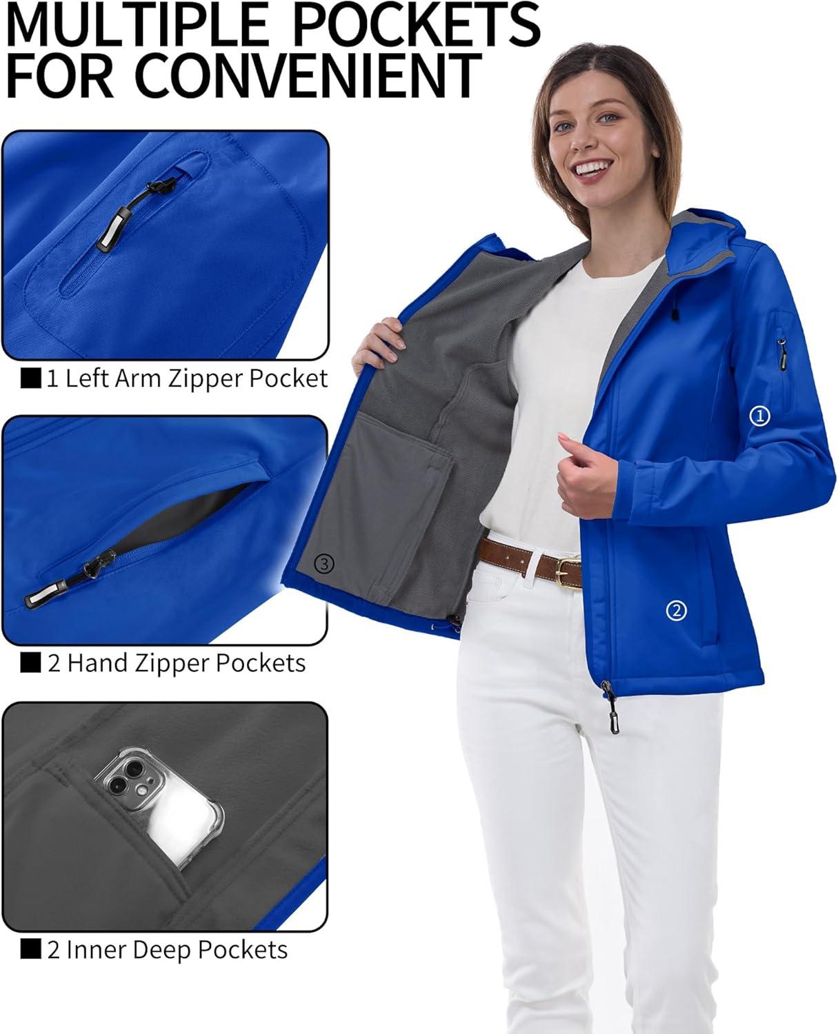 Outdoor Ventures Women’s Softshell Jacket with Hood Fleece Lined Warm Lightweight Waterproof Insulated Windbreaker(Klein Blue)