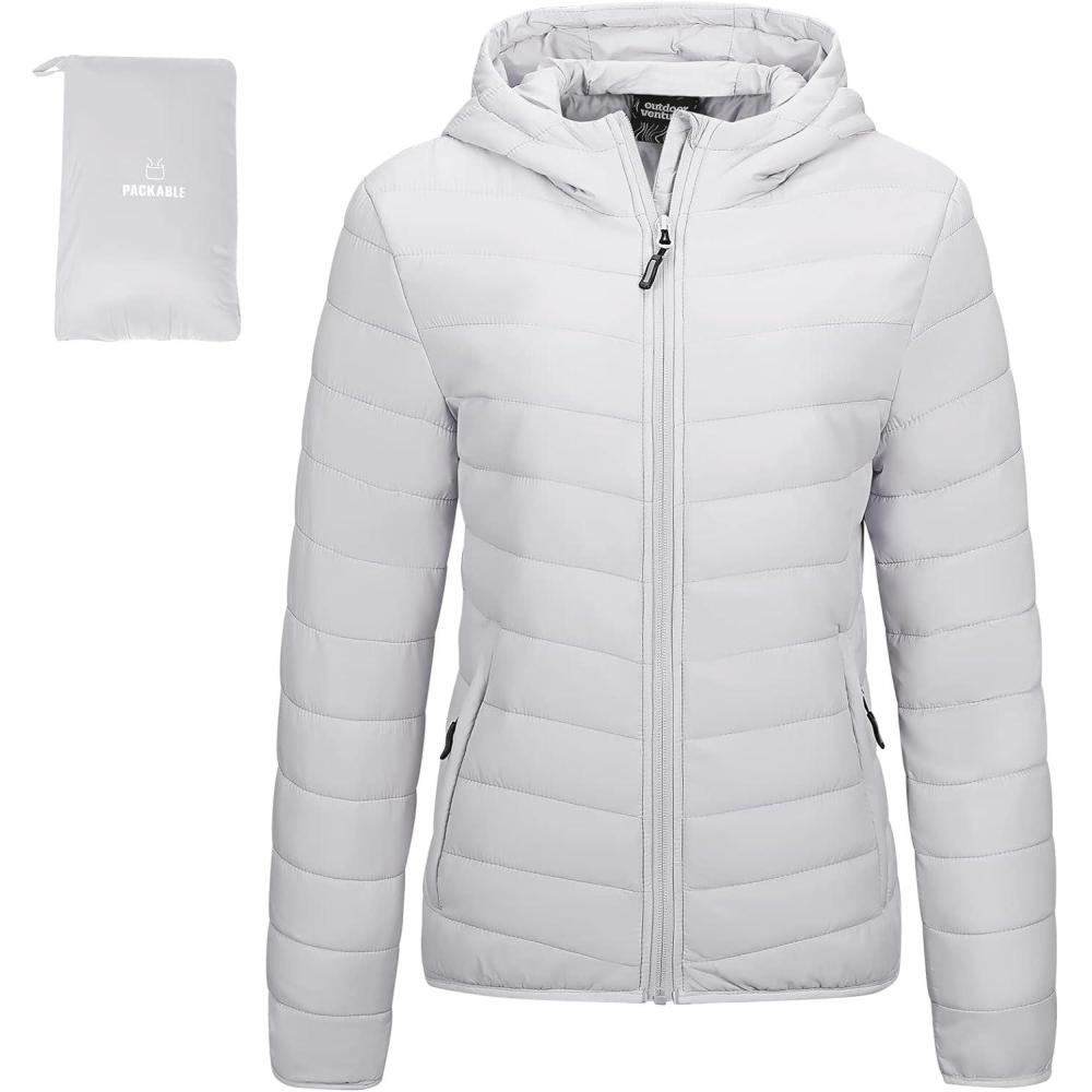 Outdoor Ventures Women’s Packable Lightweight Full-Zip Puffer Jacket with Hood Quilted Winter Coat(Light Grey(fold in Pocket))