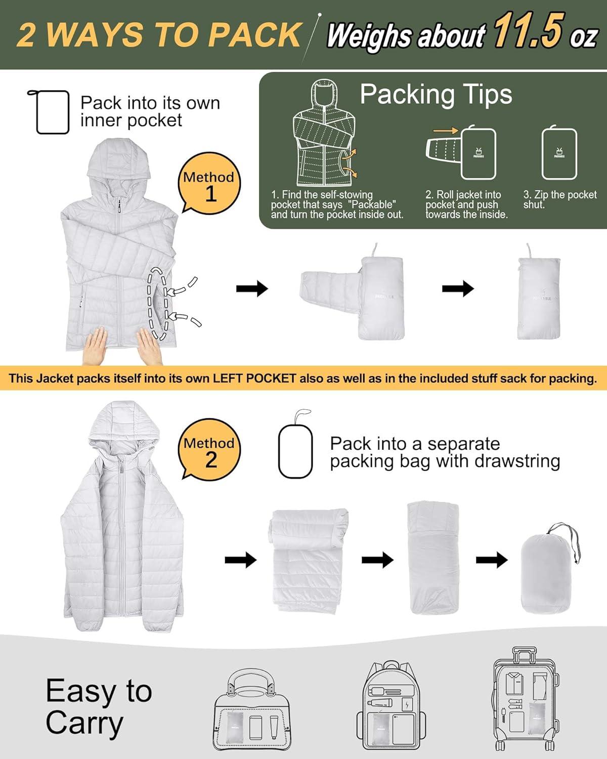Outdoor Ventures Women’s Packable Lightweight Full-Zip Puffer Jacket with Hood Quilted Winter Coat(Light Grey(fold in Pocket))