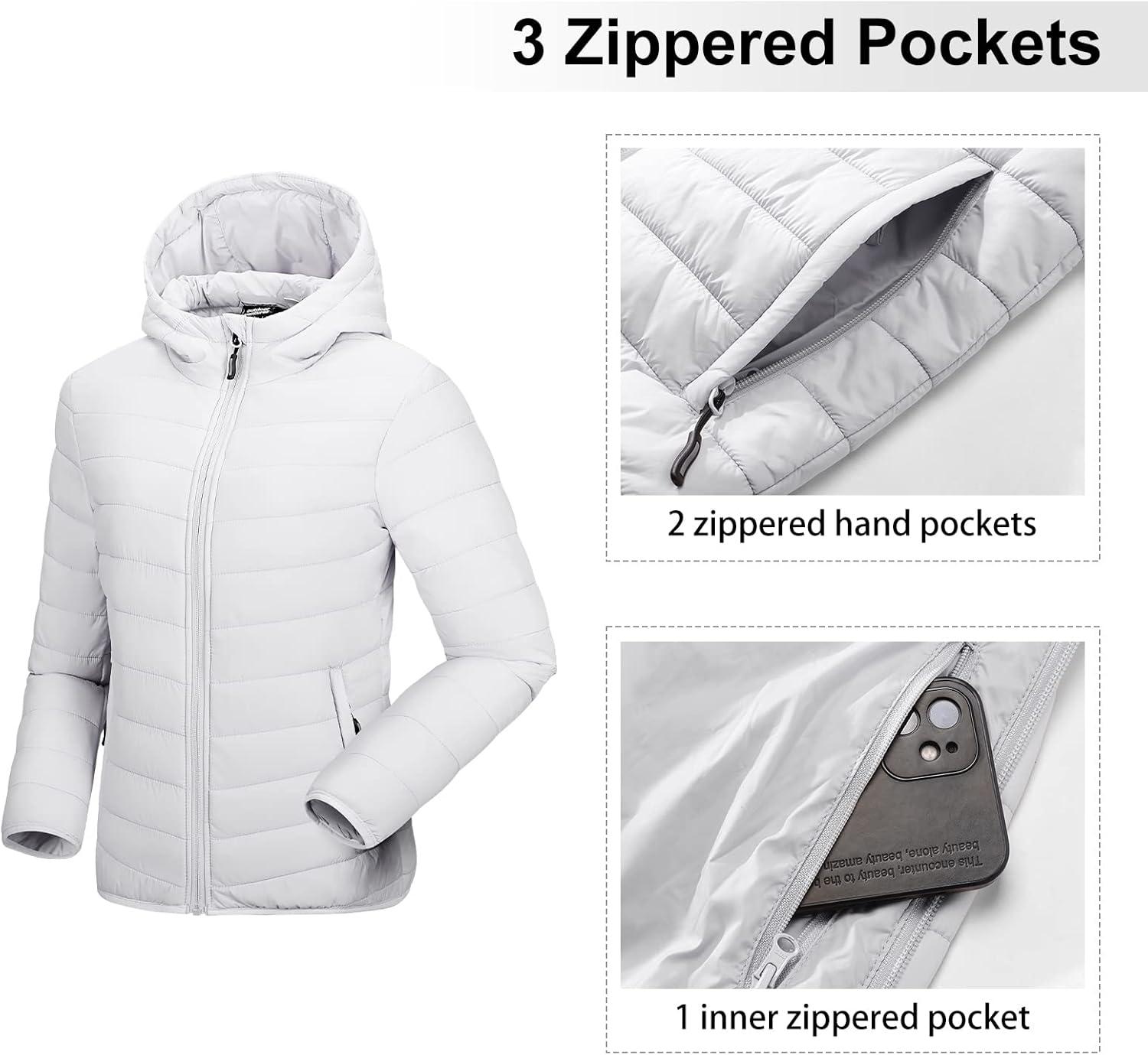 Outdoor Ventures Women’s Packable Lightweight Full-Zip Puffer Jacket with Hood Quilted Winter Coat(Light Grey(fold in Pocket))