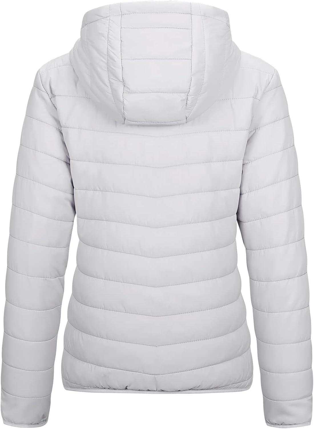 Outdoor Ventures Women’s Packable Lightweight Full-Zip Puffer Jacket with Hood Quilted Winter Coat(Light Grey(fold in Pocket))