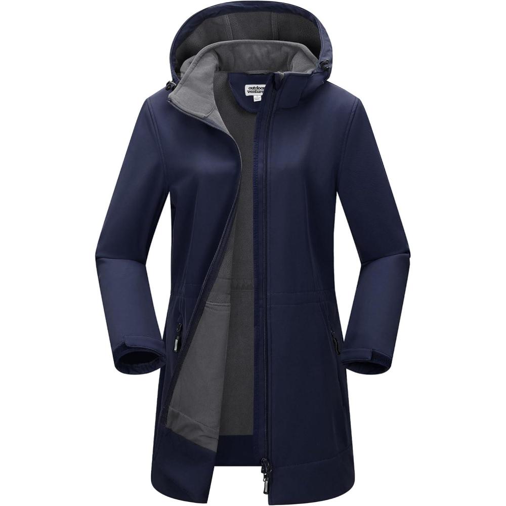 Outdoor Ventures Women’s Softshell Jacket with Removable Hood Fleece Lined Windbreaker Insulated Long Warm Rain Jacket(Deep Blue)
