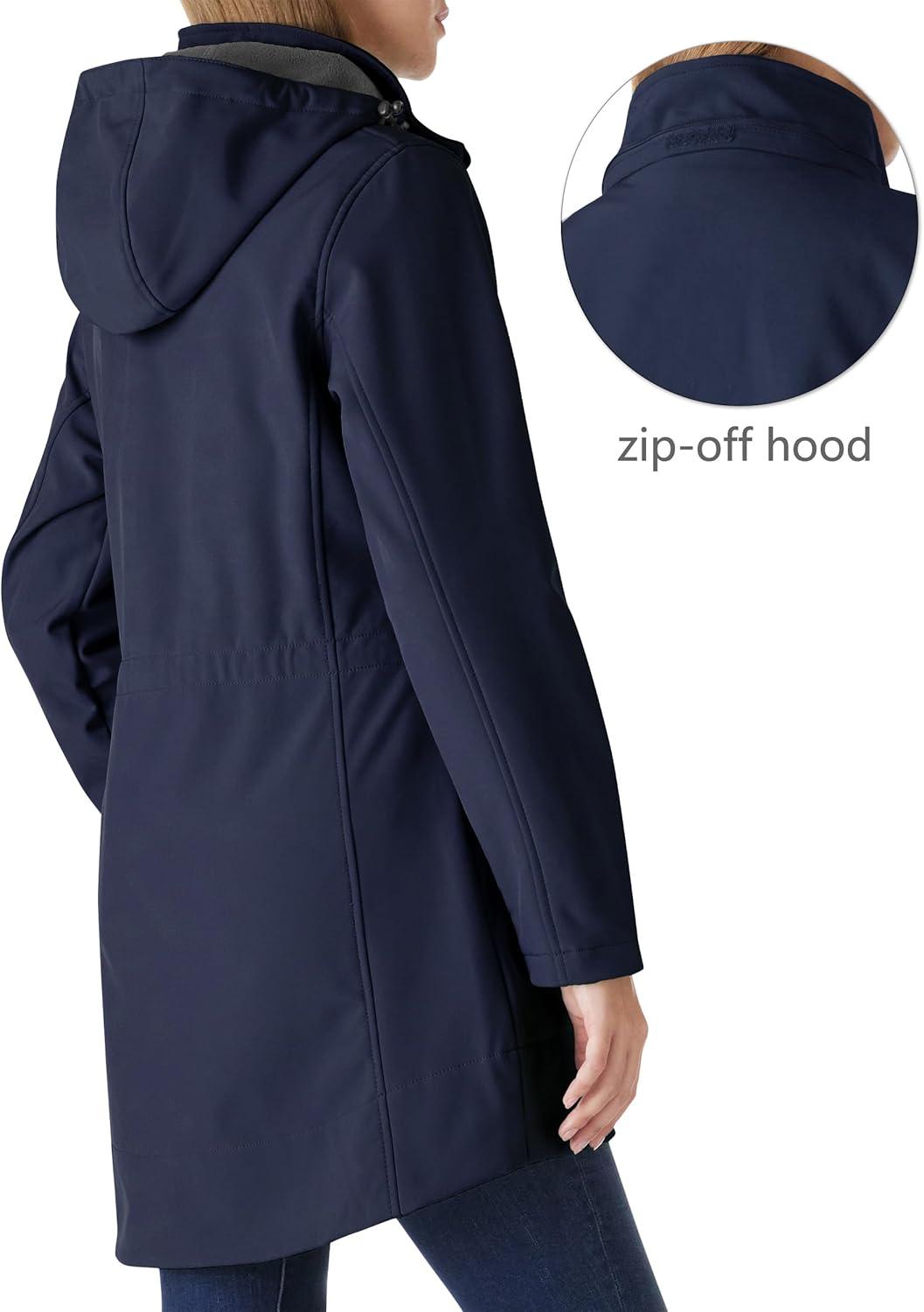 Outdoor Ventures Women’s Softshell Jacket with Removable Hood Fleece Lined Windbreaker Insulated Long Warm Rain Jacket(Deep Blue)