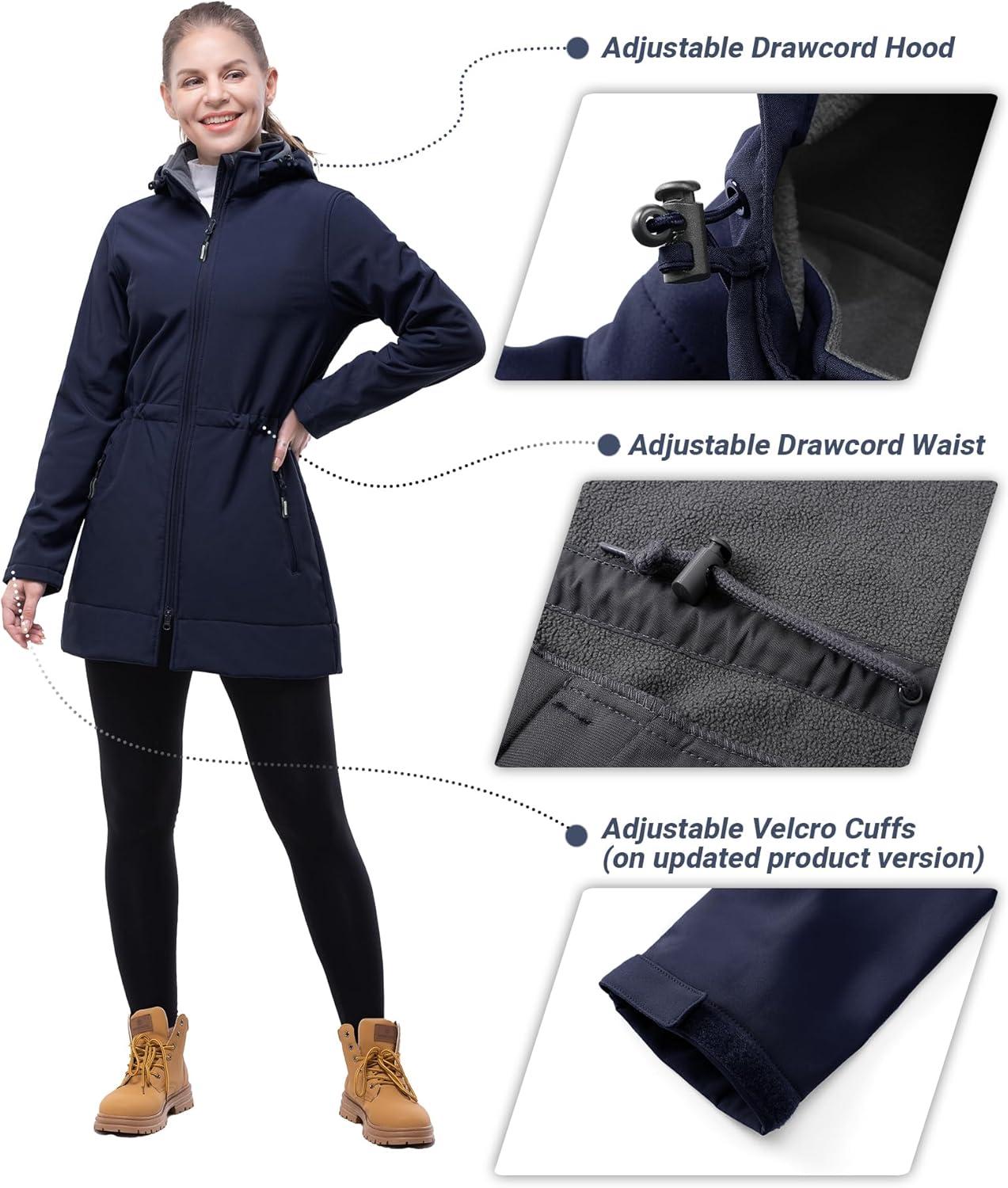 Outdoor Ventures Women’s Softshell Jacket with Removable Hood Fleece Lined Windbreaker Insulated Long Warm Rain Jacket(Deep Blue)