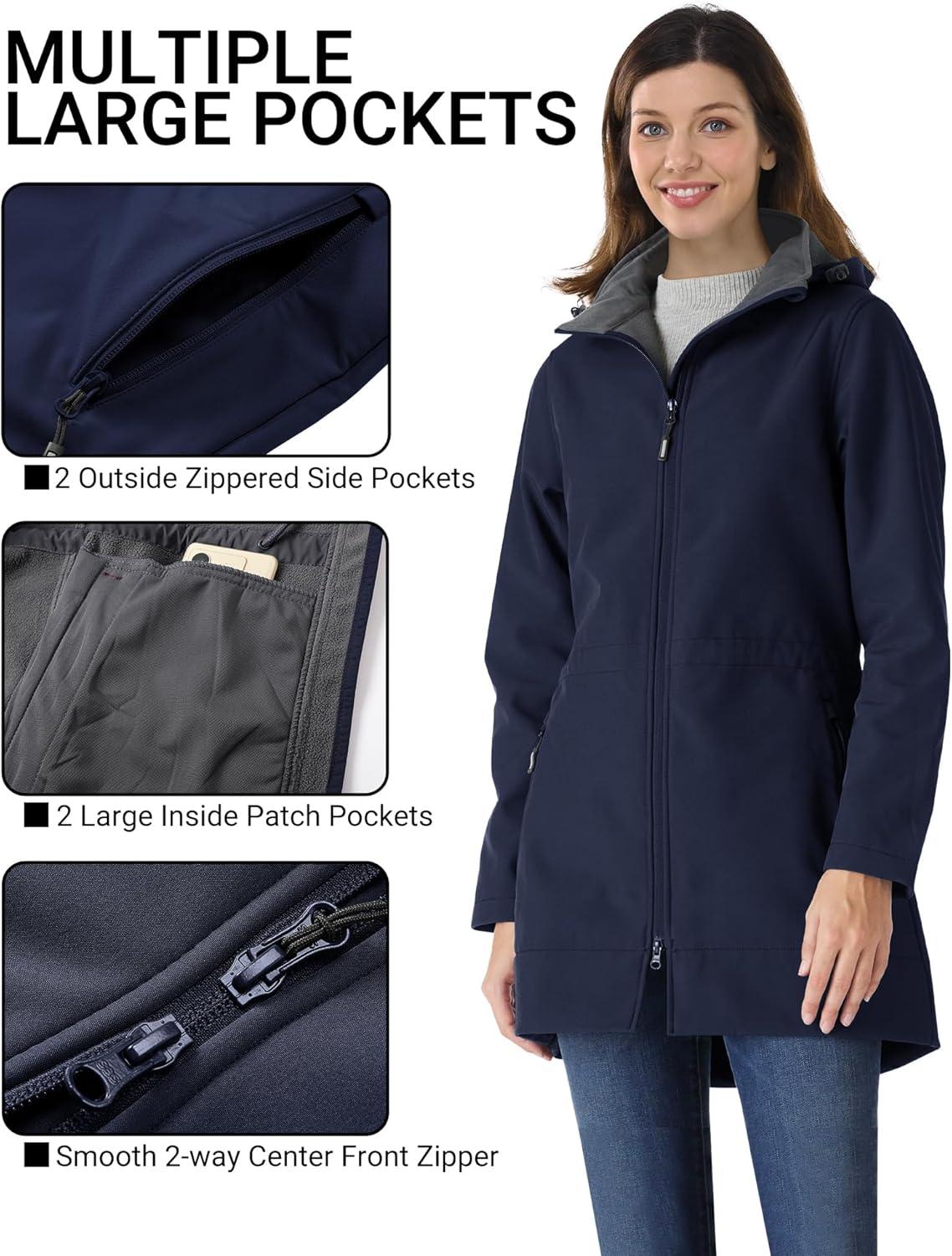 Outdoor Ventures Women’s Softshell Jacket with Removable Hood Fleece Lined Windbreaker Insulated Long Warm Rain Jacket(Deep Blue)