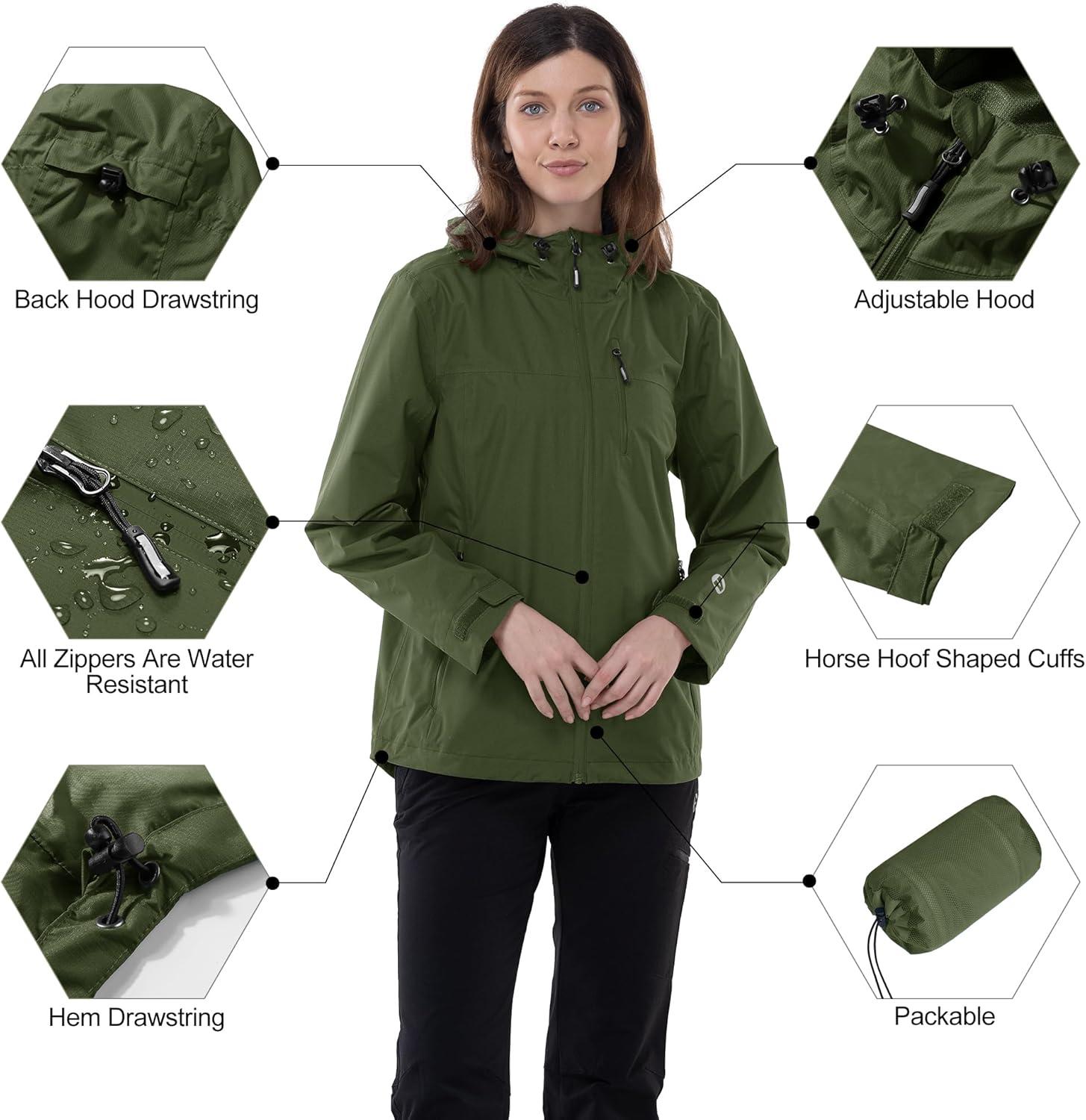 Outdoor Ventures Packable Rain Jacket Women Lightweight Waterproof Raincoat with Hood Cycling Bike Jacket(Olive)
