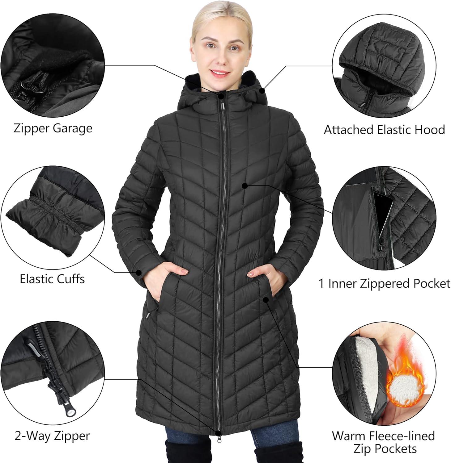 Outdoor Ventures Women’s Maryan Hooded Ultra Lightweight Warm Thermolite Long Puffer Coat(Black New(matte)-avg.36″ Long Length)