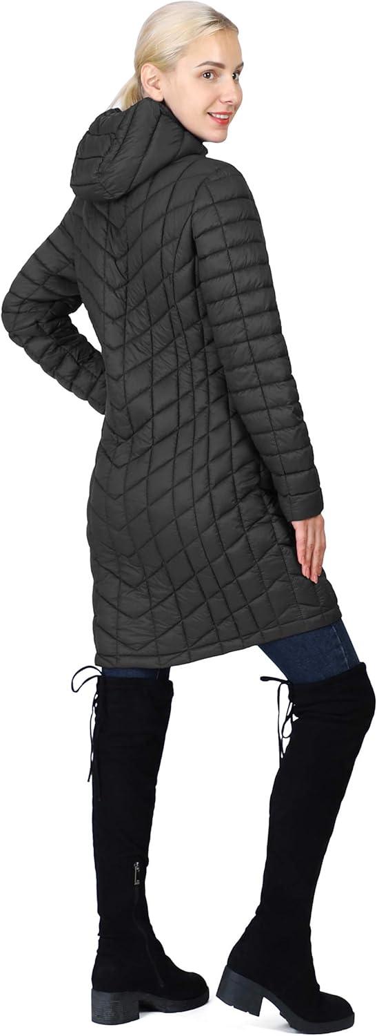 Outdoor Ventures Women’s Maryan Hooded Ultra Lightweight Warm Thermolite Long Puffer Coat(Black New(matte)-avg.36″ Long Length)