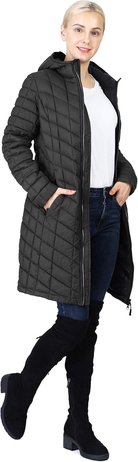 Outdoor Ventures Women’s Maryan Hooded Ultra Lightweight Warm Thermolite Long Puffer Coat(Black New(matte)-avg.36″ Long Length)