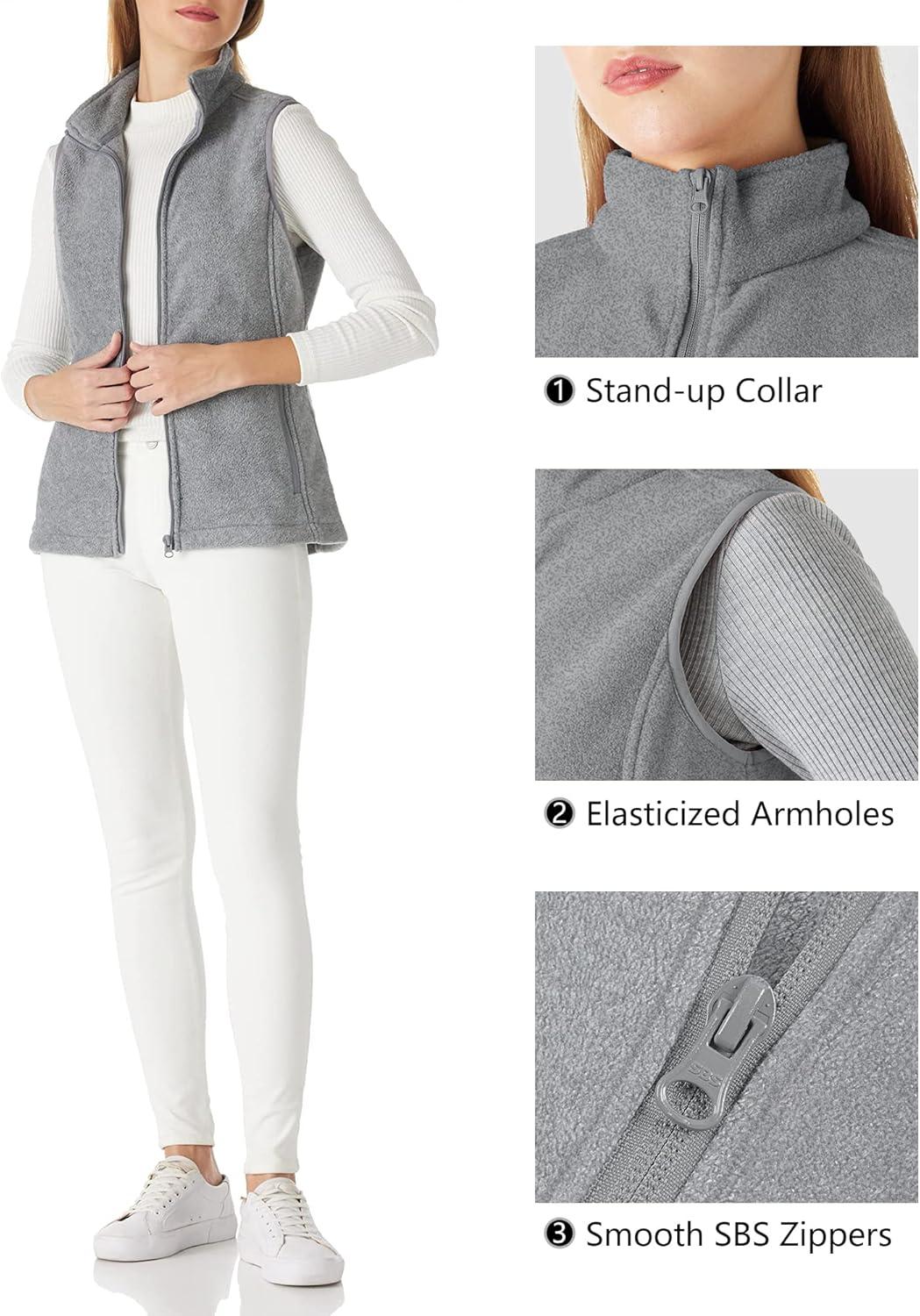 Outdoor Ventures Women’s Polar Fleece Zip Vest Outerwear with Pockets,Warm Sleeveless Coat Vest for Fall & Winter(Light Grey Heather)