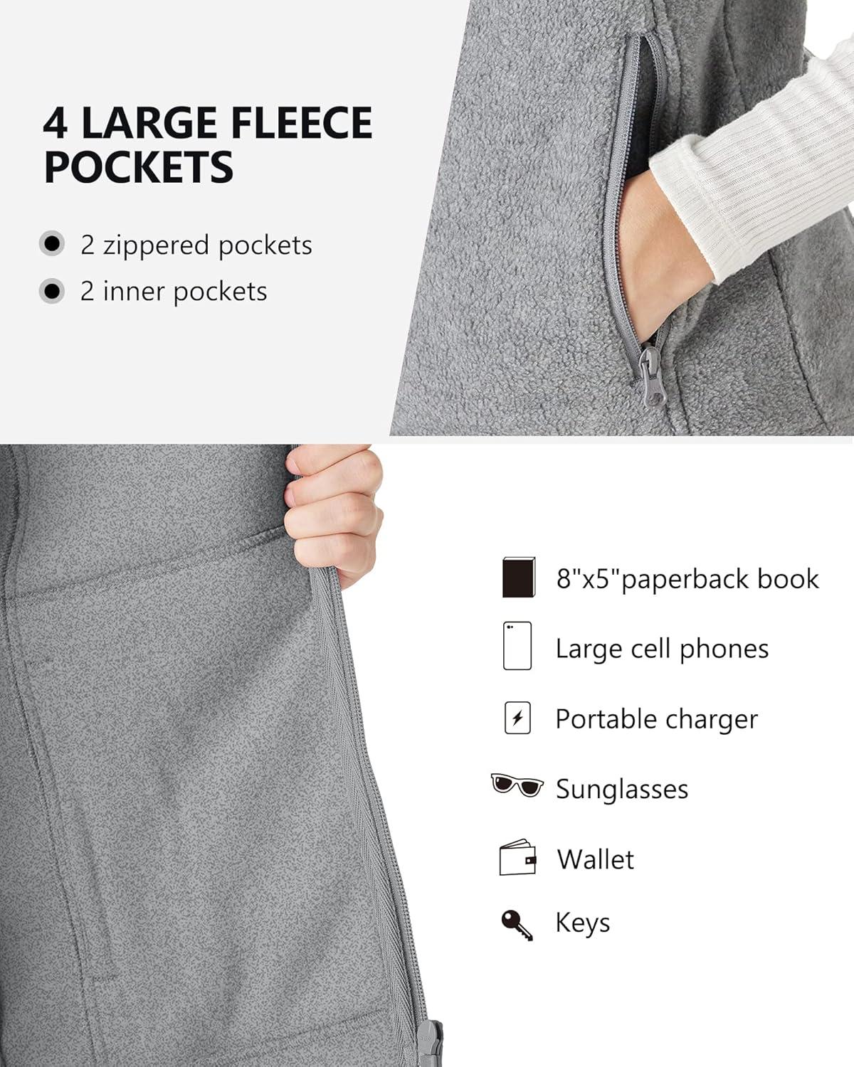 Outdoor Ventures Women’s Polar Fleece Zip Vest Outerwear with Pockets,Warm Sleeveless Coat Vest for Fall & Winter(Light Grey Heather)