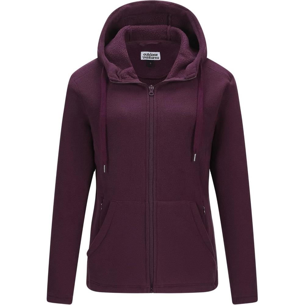 Outdoor Ventures Women’s Full Zip Hooded Fleece Jacket Coat with 6 Pockets, Warm Soft Polar Fleece Casual Hoodie Sweatshirt(Wine)