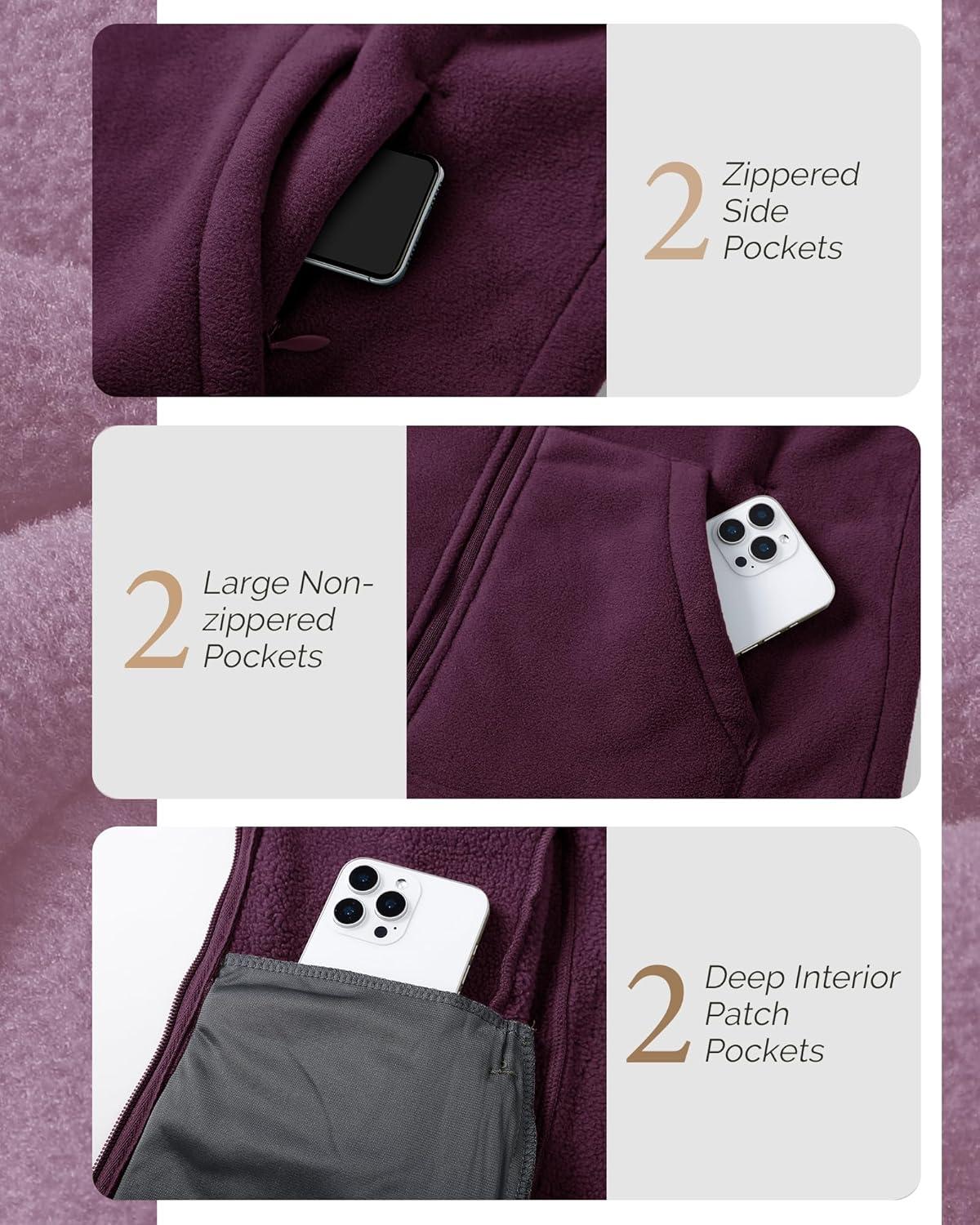 Outdoor Ventures Women’s Full Zip Hooded Fleece Jacket Coat with 6 Pockets, Warm Soft Polar Fleece Casual Hoodie Sweatshirt(Wine)