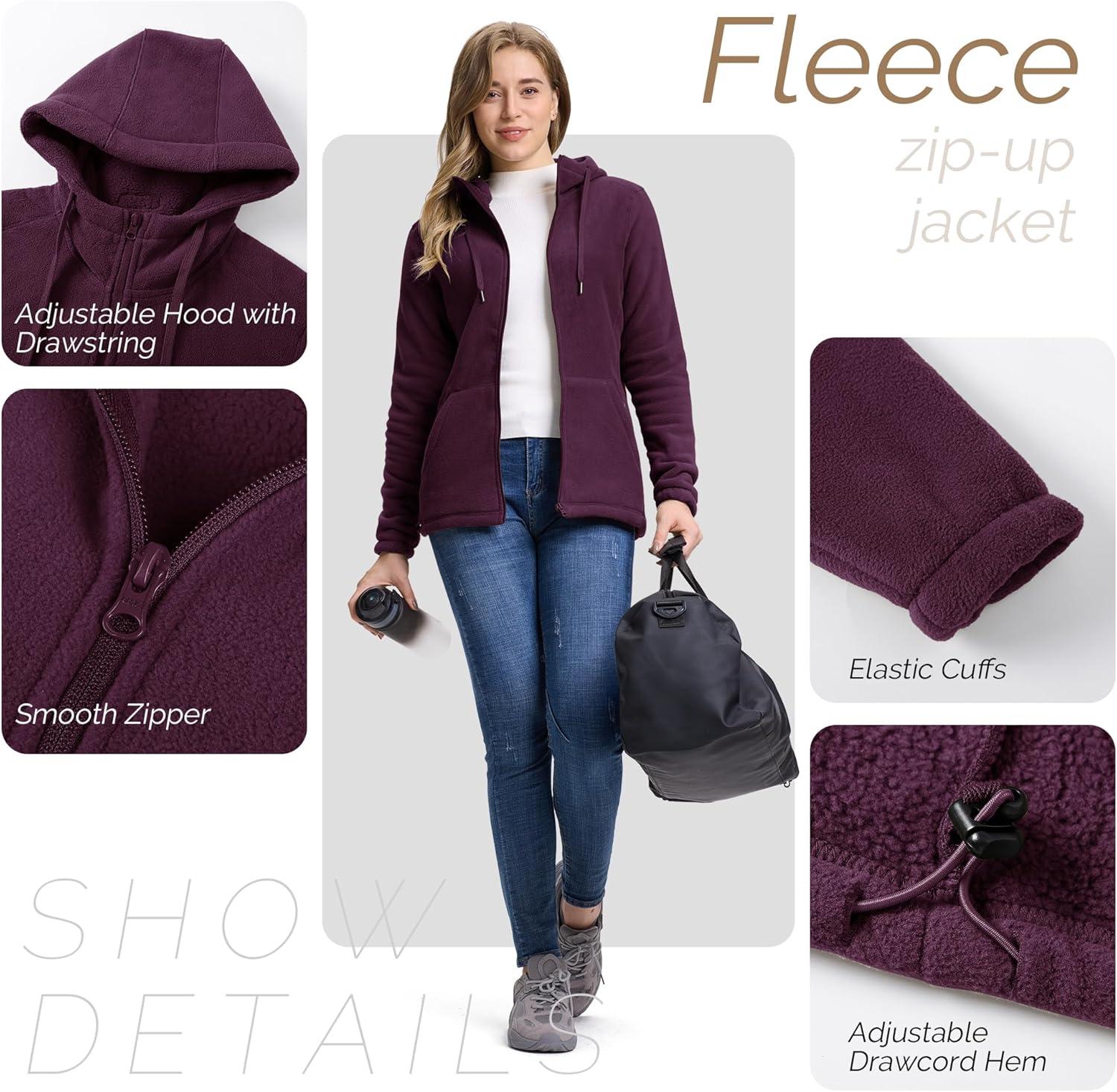 Outdoor Ventures Women’s Full Zip Hooded Fleece Jacket Coat with 6 Pockets, Warm Soft Polar Fleece Casual Hoodie Sweatshirt(Wine)