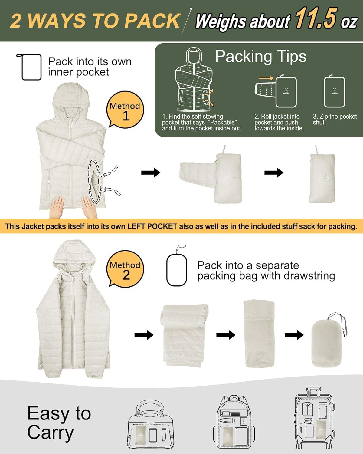 Outdoor Ventures Women’s Packable Lightweight Full-Zip Puffer Jacket with Hood Quilted Winter Coat(Beige(fold in Pocket))