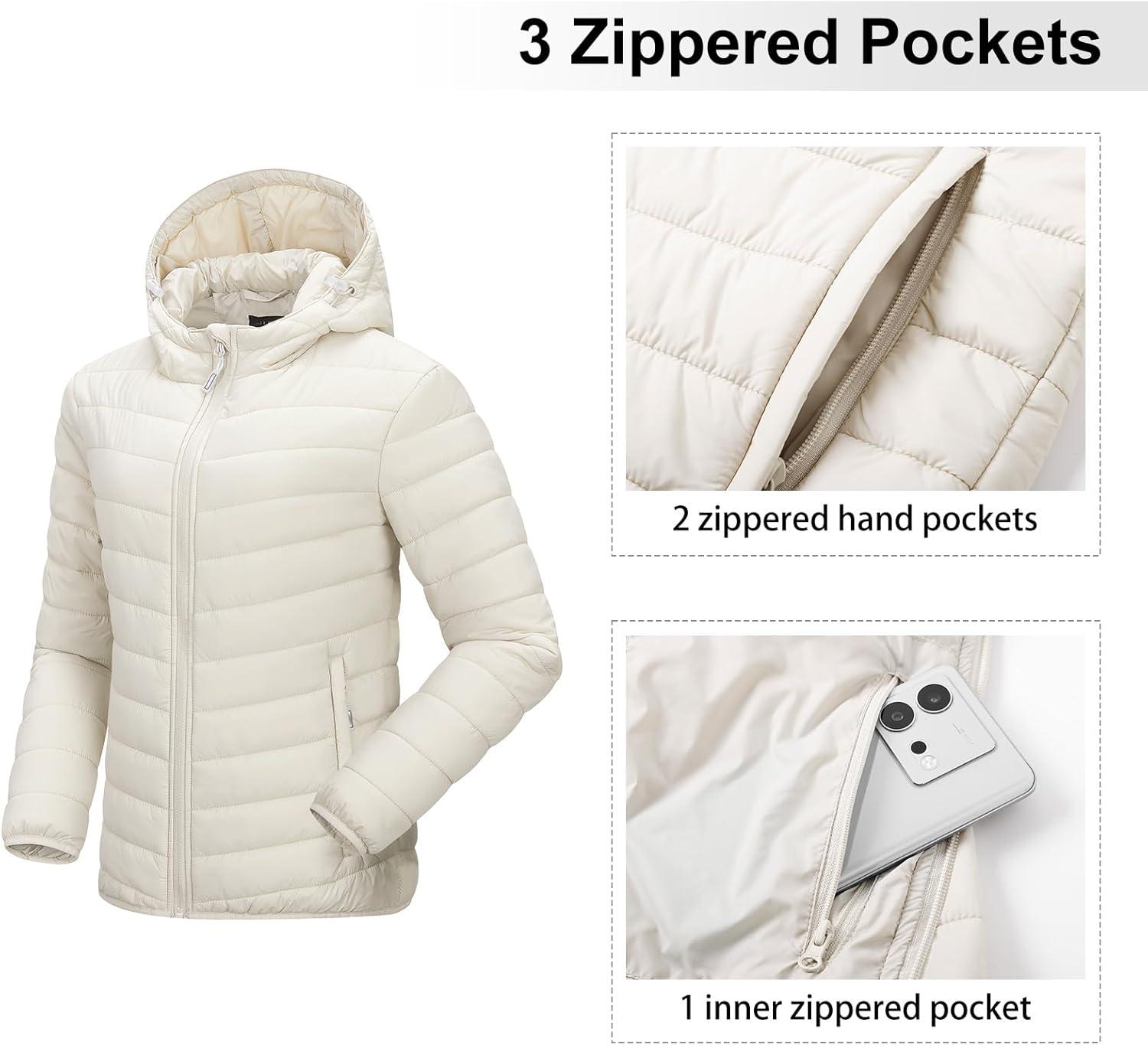 Outdoor Ventures Women’s Packable Lightweight Full-Zip Puffer Jacket with Hood Quilted Winter Coat(Beige(fold in Pocket))