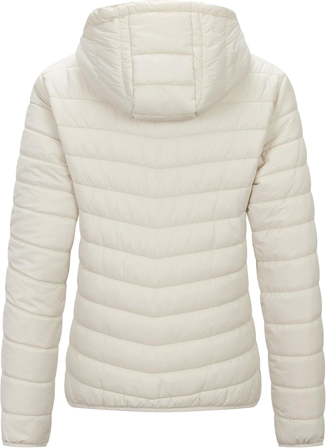 Outdoor Ventures Women’s Packable Lightweight Full-Zip Puffer Jacket with Hood Quilted Winter Coat(Beige(fold in Pocket))