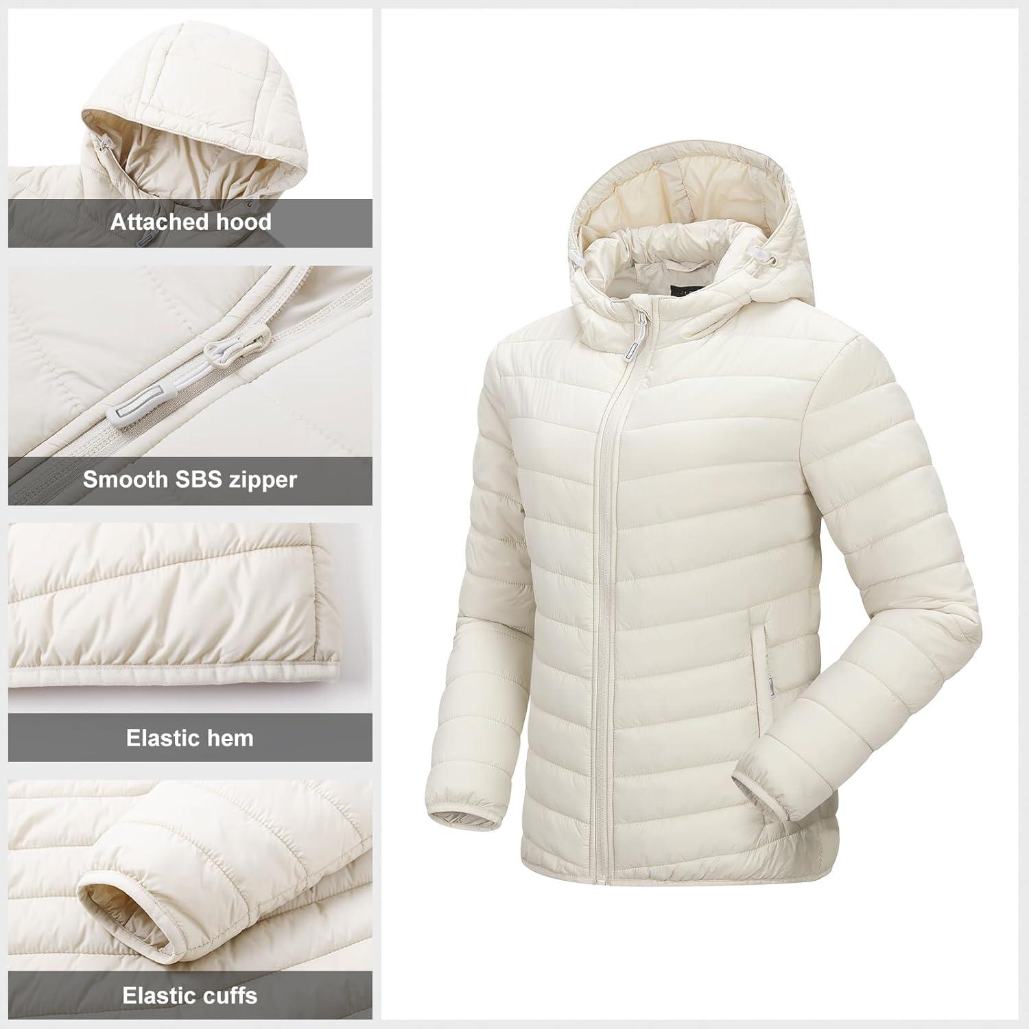 Outdoor Ventures Women’s Packable Lightweight Full-Zip Puffer Jacket with Hood Quilted Winter Coat(Beige(fold in Pocket))