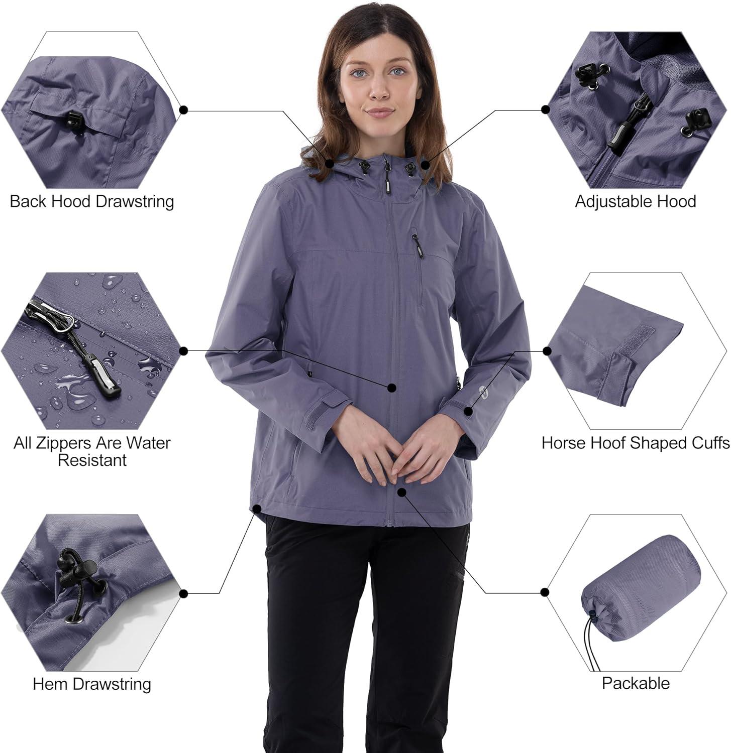 Outdoor Ventures Packable Rain Jacket Women Lightweight Waterproof Raincoat with Hood Cycling Bike Jacket(Grayish Purple)