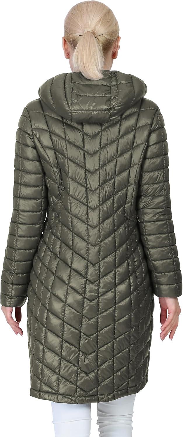 Outdoor Ventures Women’s Maryan Hooded Ultra Lightweight Warm Thermolite Long Puffer Coat(Olive(shiny)-avg.36″ Long Length)