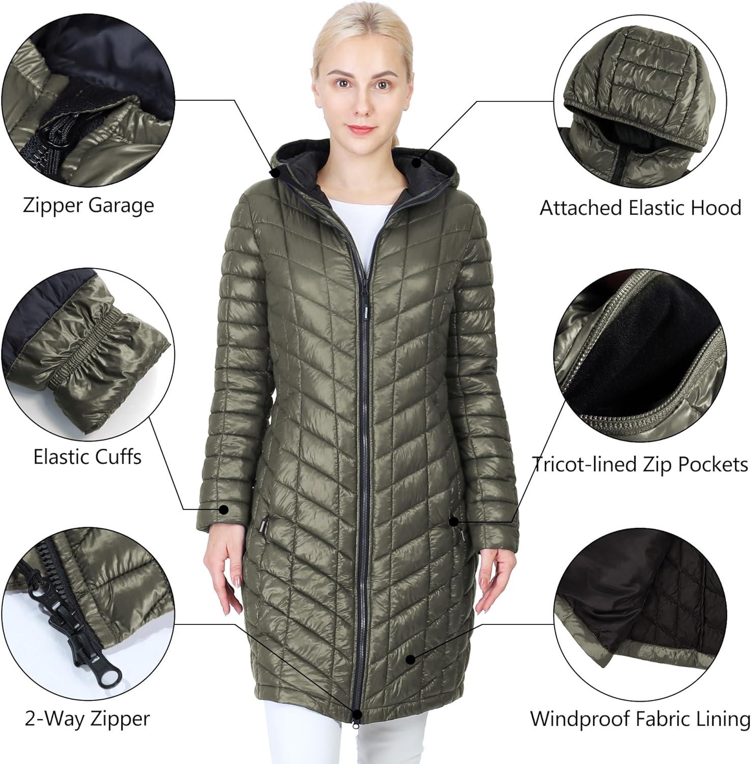 Outdoor Ventures Women’s Maryan Hooded Ultra Lightweight Warm Thermolite Long Puffer Coat(Olive(shiny)-avg.36″ Long Length)