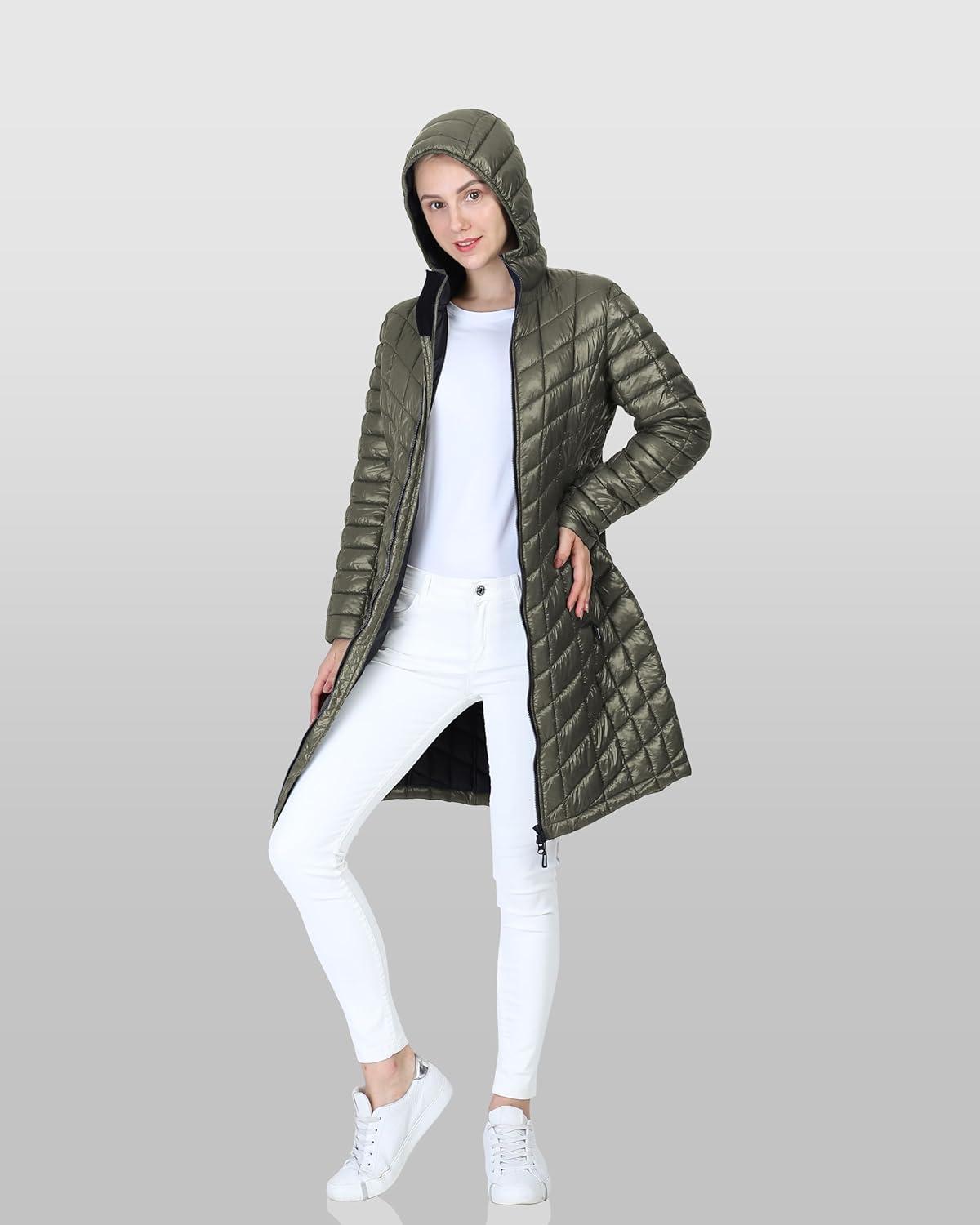 Outdoor Ventures Women’s Maryan Hooded Ultra Lightweight Warm Thermolite Long Puffer Coat(Olive(shiny)-avg.36″ Long Length)