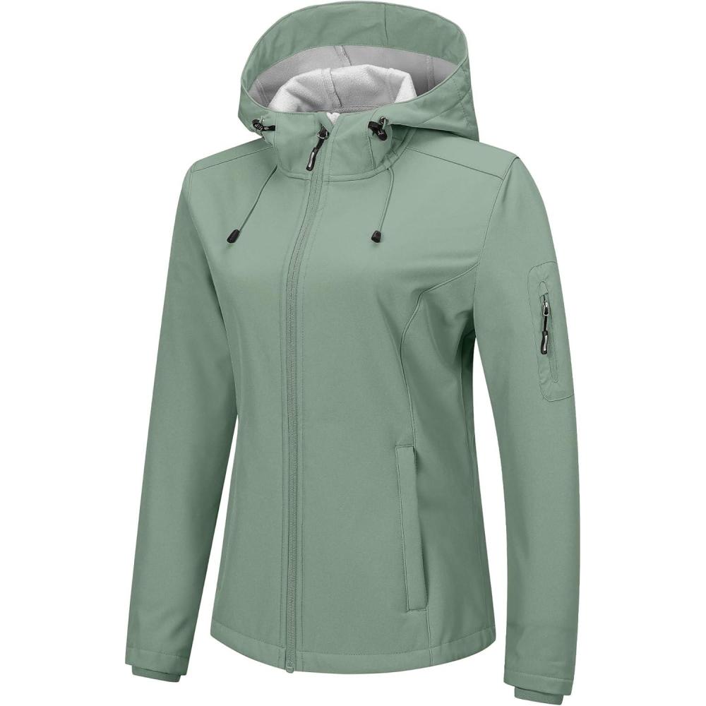 Outdoor Ventures Women’s Softshell Jacket with Hood Fleece Lined Warm Lightweight Waterproof Insulated Windbreaker(Ice Green)