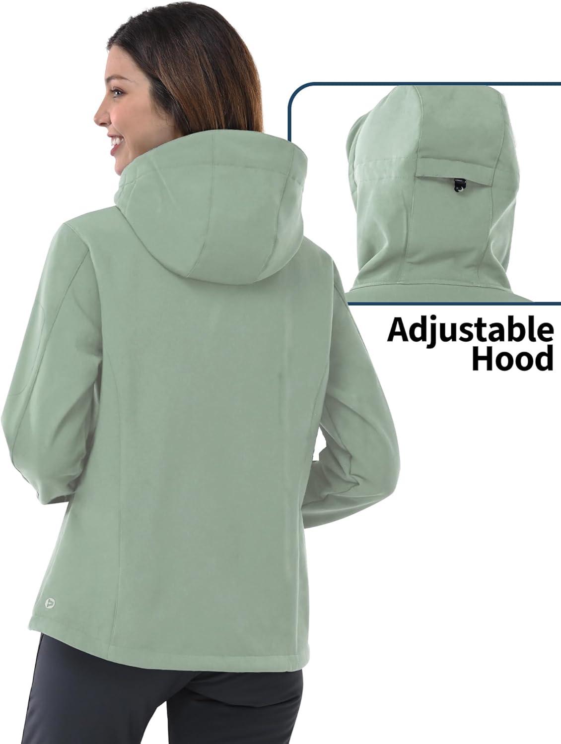 Outdoor Ventures Women’s Softshell Jacket with Hood Fleece Lined Warm Lightweight Waterproof Insulated Windbreaker(Ice Green)