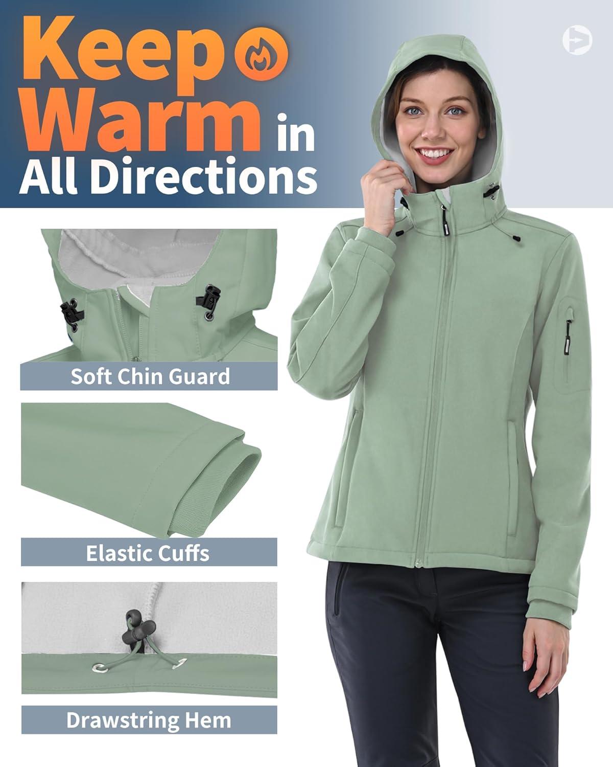 Outdoor Ventures Women’s Softshell Jacket with Hood Fleece Lined Warm Lightweight Waterproof Insulated Windbreaker(Ice Green)