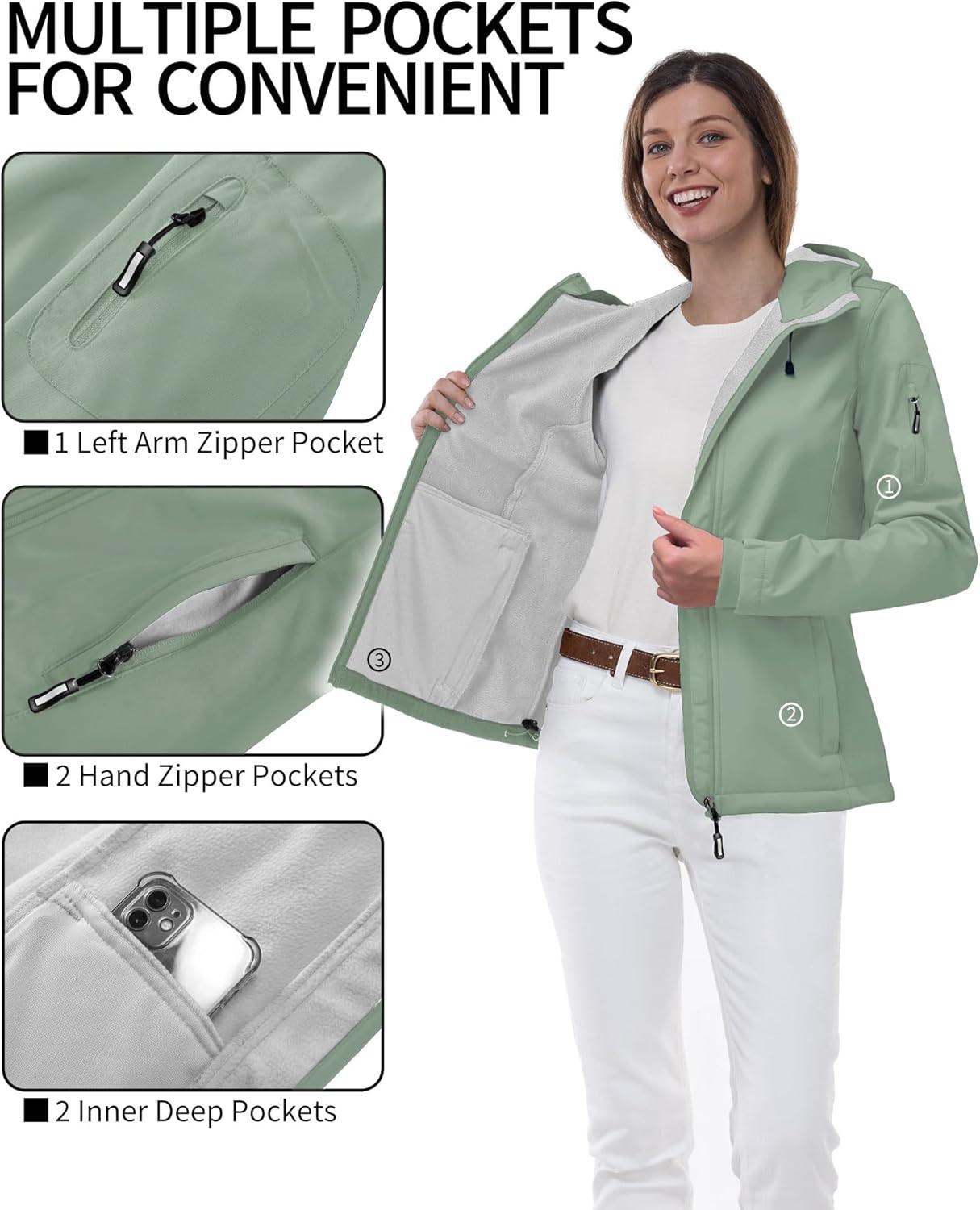 Outdoor Ventures Women’s Softshell Jacket with Hood Fleece Lined Warm Lightweight Waterproof Insulated Windbreaker(Ice Green)