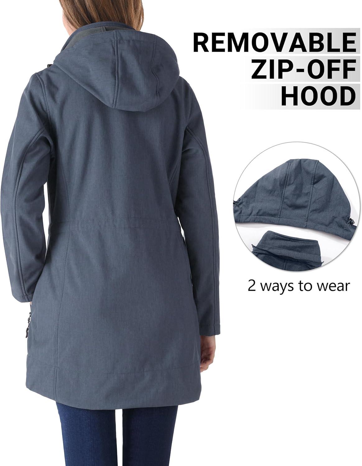 Outdoor Ventures Women’s Softshell Jacket with Removable Hood Fleece Lined Windbreaker Insulated Long Warm Rain Jacket(Grey Blue Heather)
