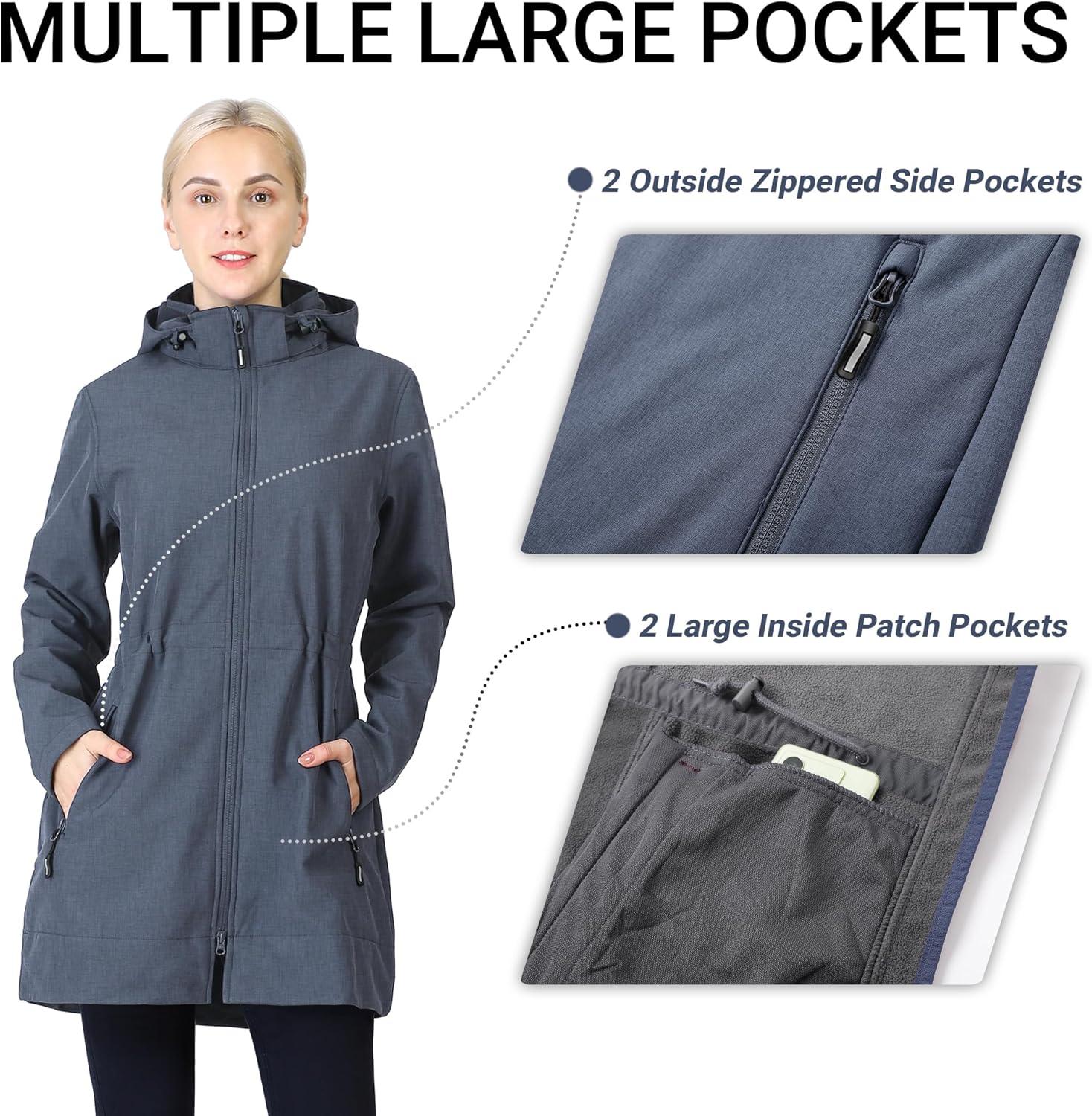 Outdoor Ventures Women’s Softshell Jacket with Removable Hood Fleece Lined Windbreaker Insulated Long Warm Rain Jacket(Grey Blue Heather)