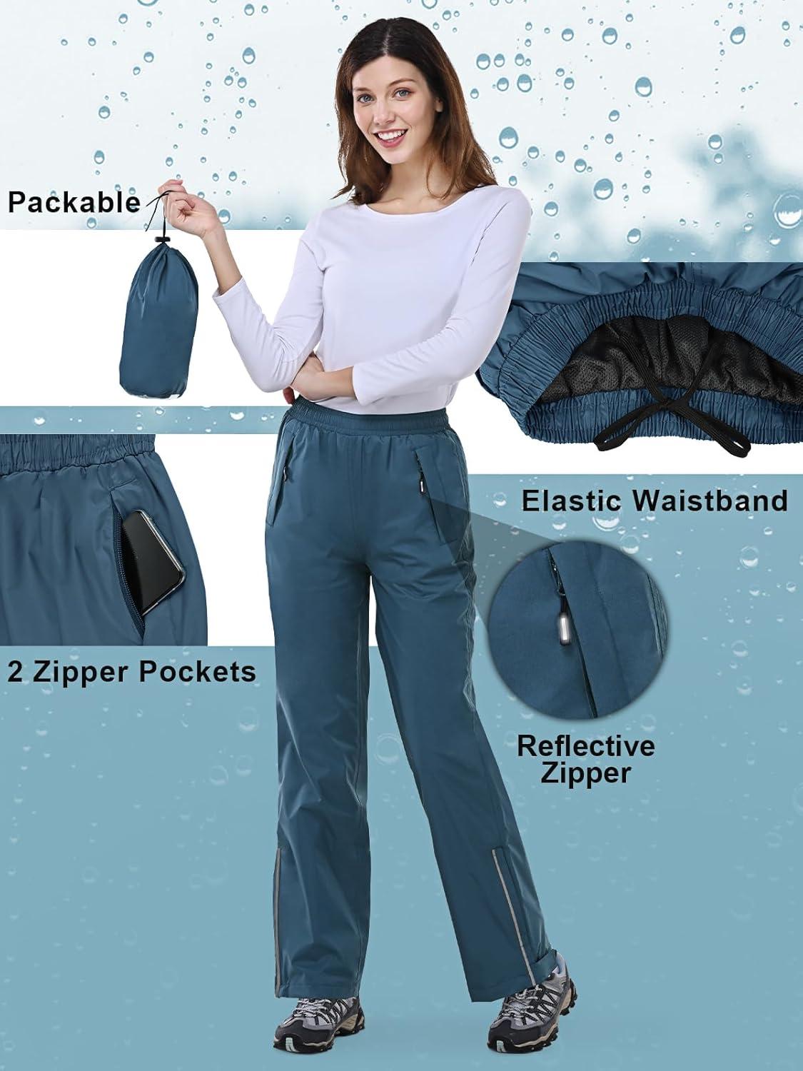 Outdoor Ventures Women’s Rain Pants Packable Waterproof Hiking Pants Windproof Breathable Outdoor Rain Over Pants(Dark Blue)