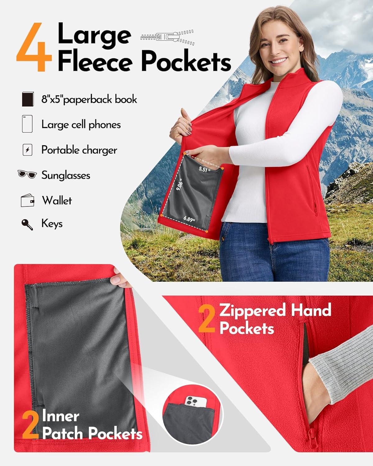 Outdoor Ventures Women’s Fleece Vest, Zip Up Lightweight Soft Running Vest Outerwear Sleeveless with Pockets(Reddish Orange)