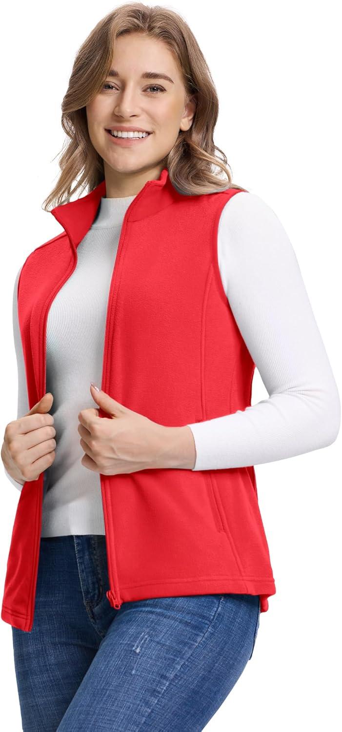 Outdoor Ventures Women’s Fleece Vest, Zip Up Lightweight Soft Running Vest Outerwear Sleeveless with Pockets(Reddish Orange)
