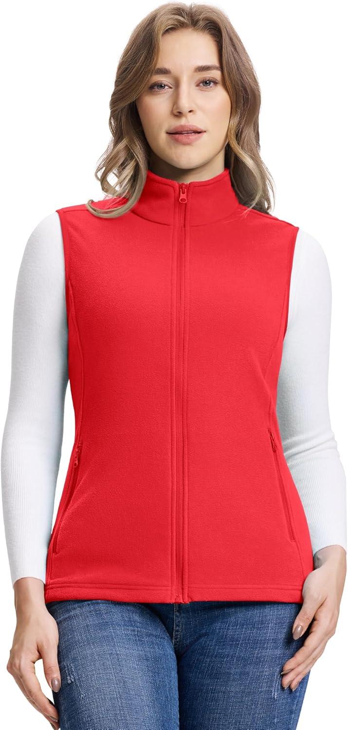 Outdoor Ventures Women’s Fleece Vest, Zip Up Lightweight Soft Running Vest Outerwear Sleeveless with Pockets(Reddish Orange)
