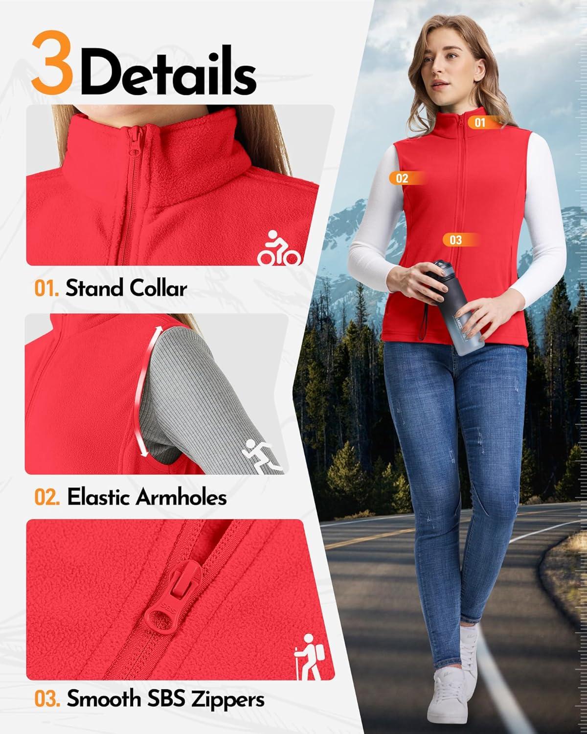 Outdoor Ventures Women’s Fleece Vest, Zip Up Lightweight Soft Running Vest Outerwear Sleeveless with Pockets(Reddish Orange)