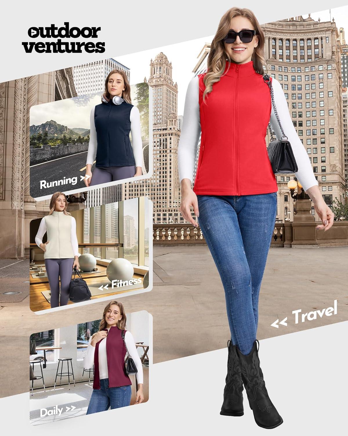 Outdoor Ventures Women’s Fleece Vest, Zip Up Lightweight Soft Running Vest Outerwear Sleeveless with Pockets(Reddish Orange)