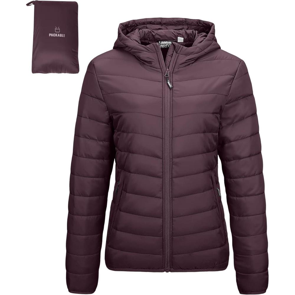 Outdoor Ventures Women’s Packable Lightweight Full-Zip Puffer Jacket with Hood Quilted Winter Coat(Eggplant(fold in Pocket))