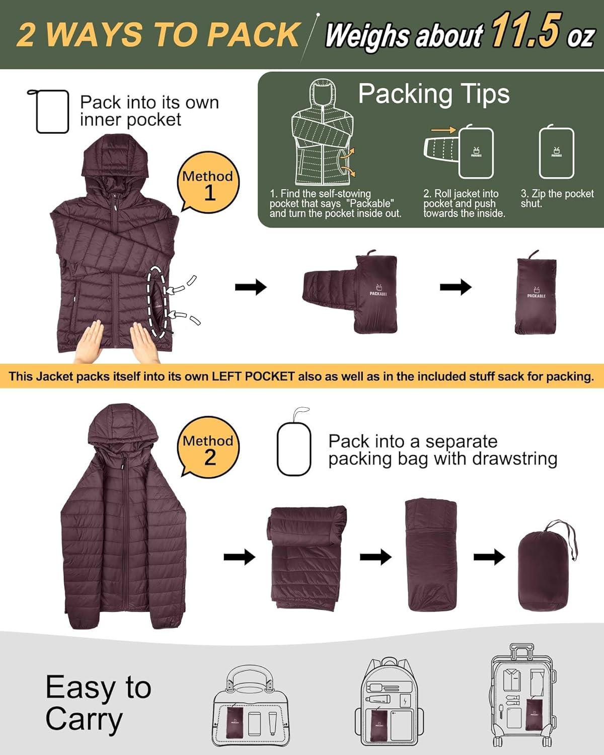 Outdoor Ventures Women’s Packable Lightweight Full-Zip Puffer Jacket with Hood Quilted Winter Coat(Eggplant(fold in Pocket))