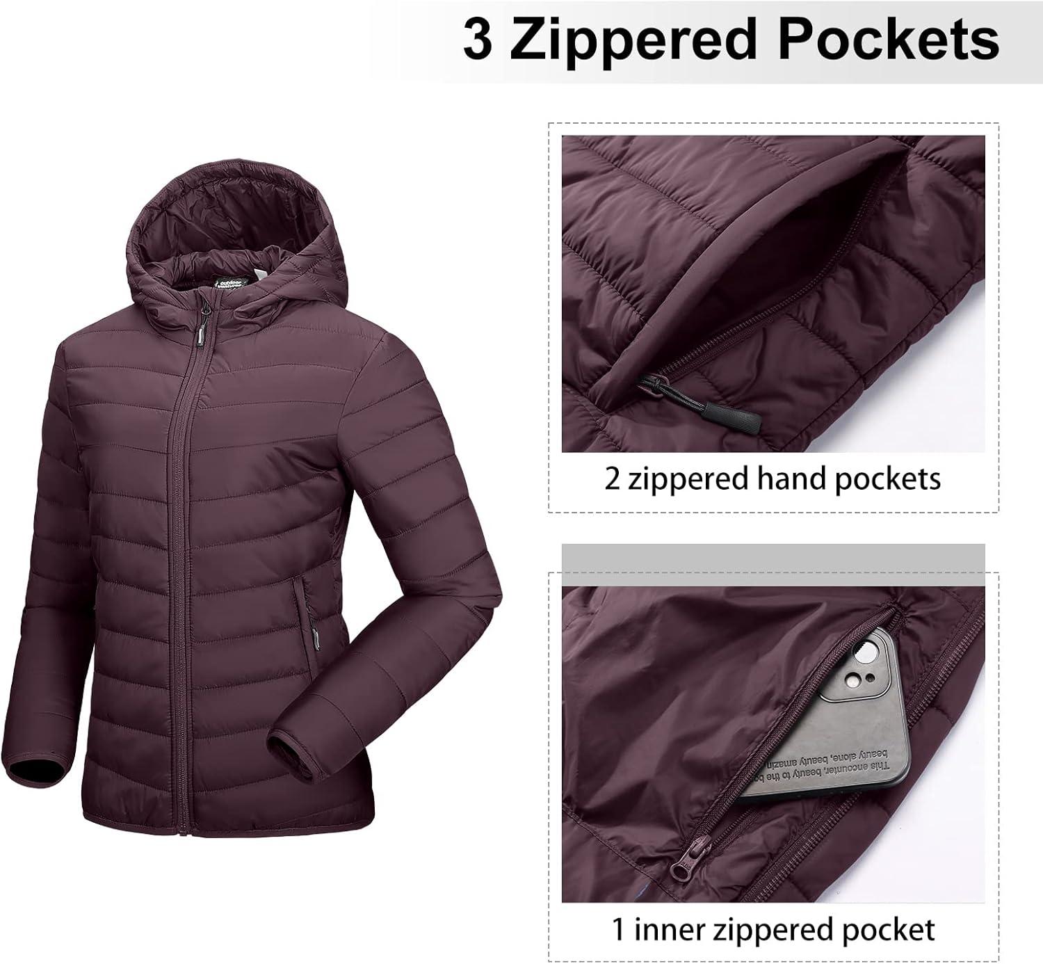 Outdoor Ventures Women’s Packable Lightweight Full-Zip Puffer Jacket with Hood Quilted Winter Coat(Eggplant(fold in Pocket))