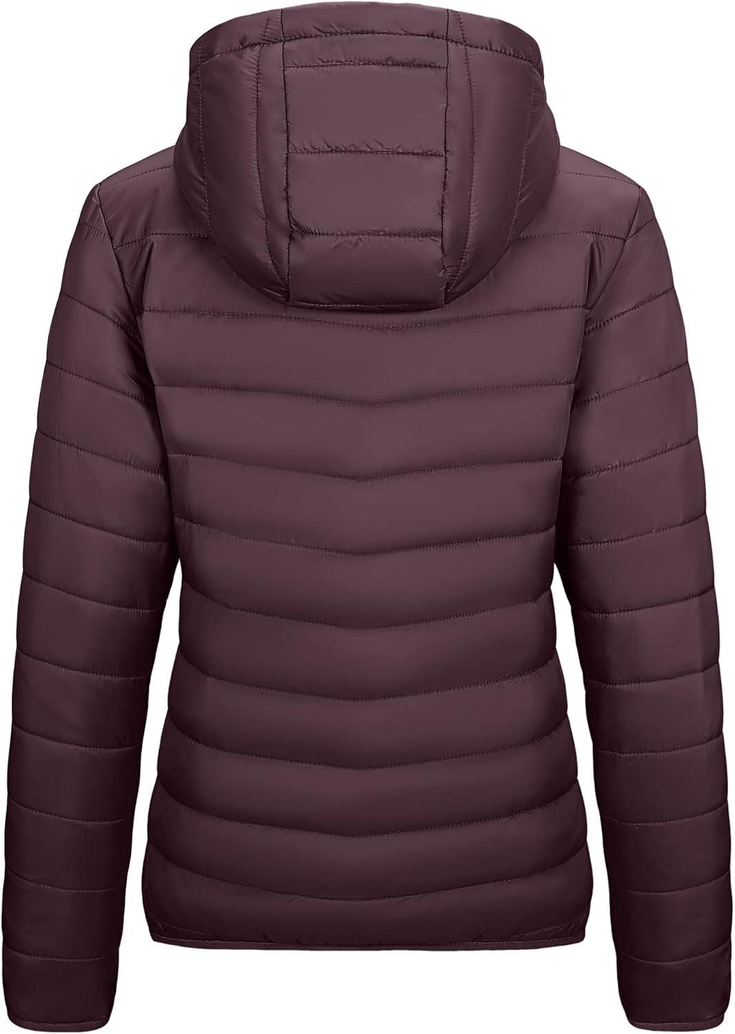 Outdoor Ventures Women’s Packable Lightweight Full-Zip Puffer Jacket with Hood Quilted Winter Coat(Eggplant(fold in Pocket))