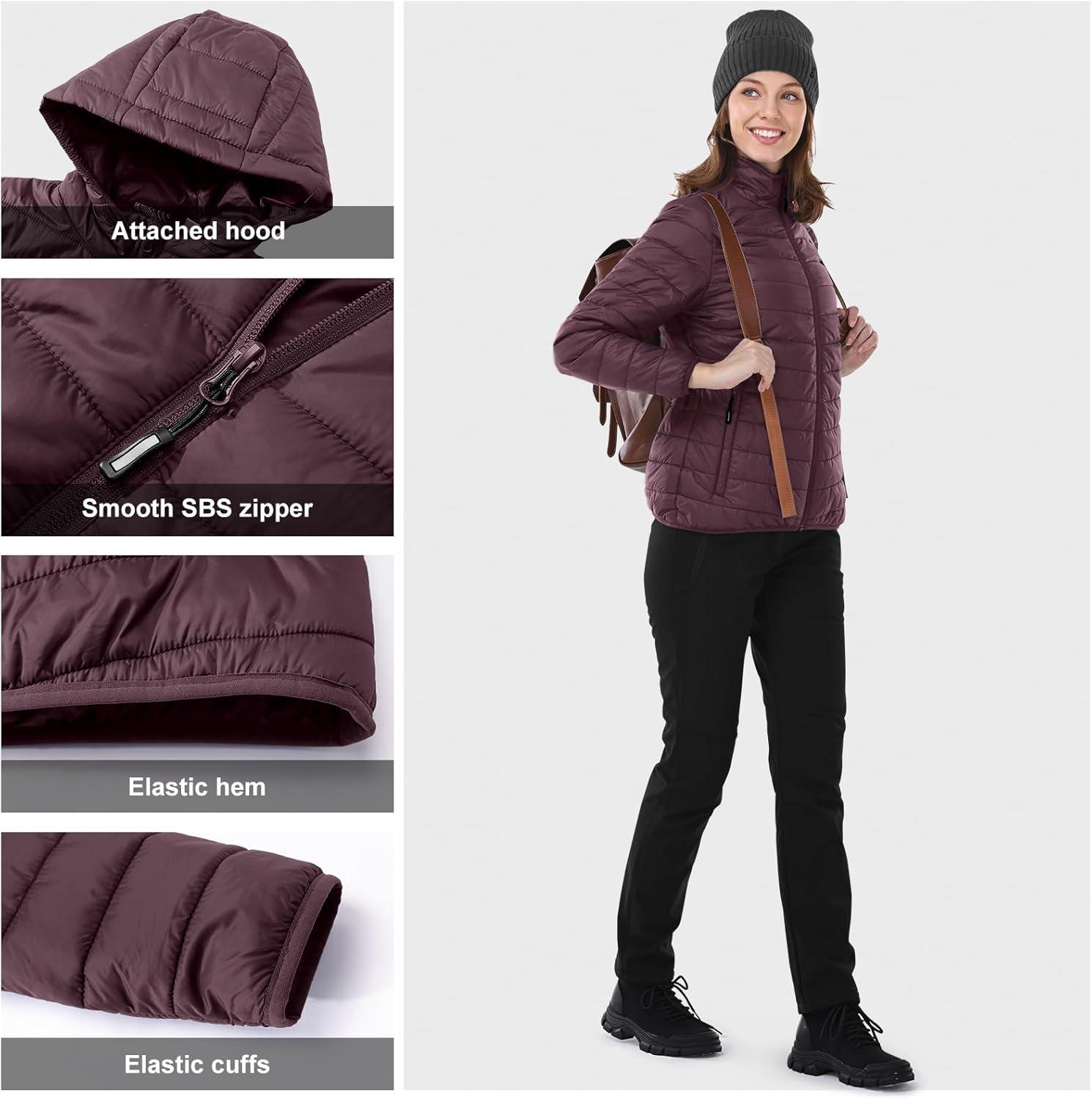 Outdoor Ventures Women’s Packable Lightweight Full-Zip Puffer Jacket with Hood Quilted Winter Coat(Eggplant(fold in Pocket))
