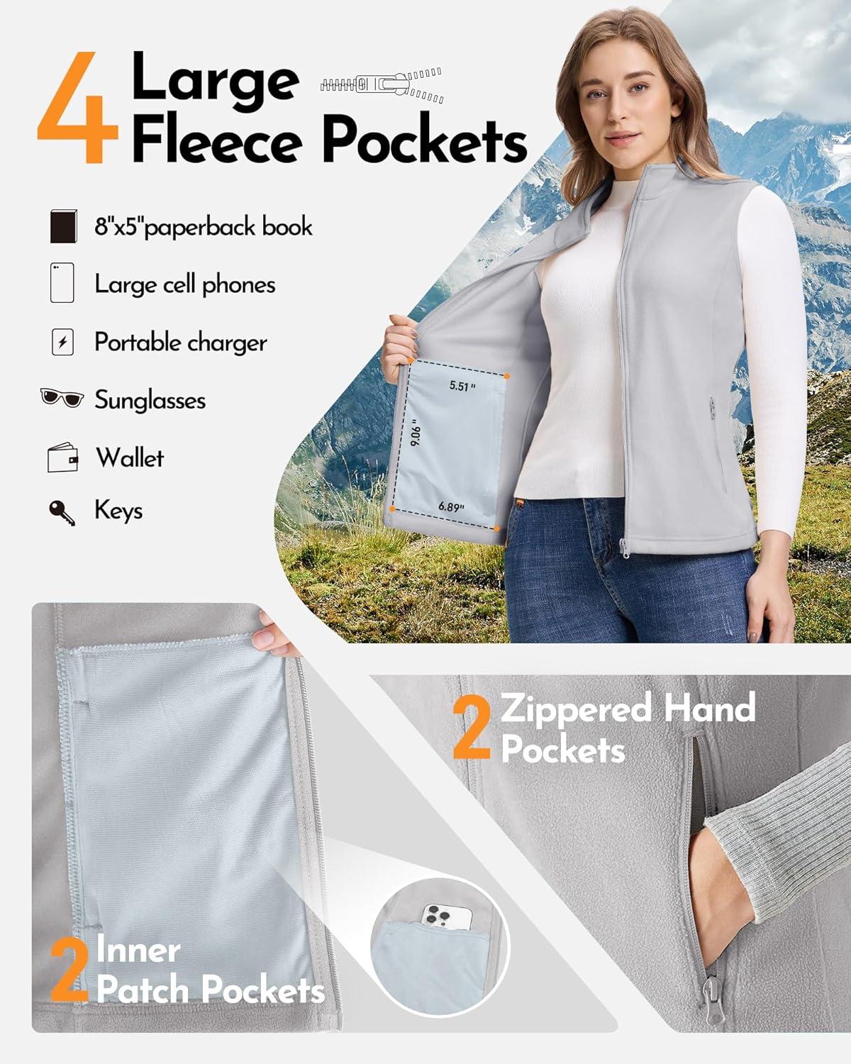 Outdoor Ventures Women’s Fleece Vest, Zip Up Lightweight Soft Running Vest Outerwear Sleeveless with Pockets(Light Grey)