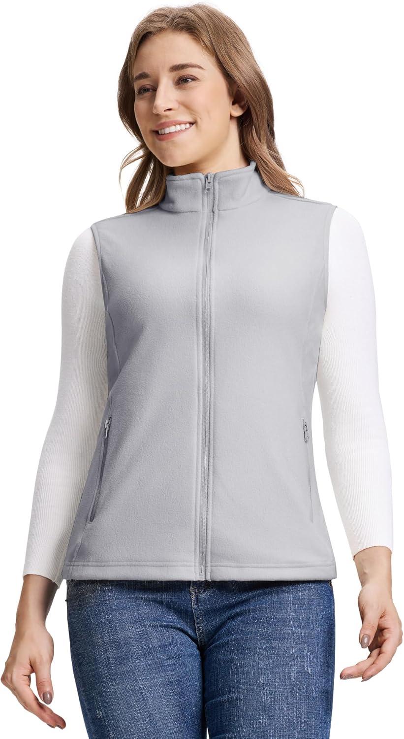 Outdoor Ventures Women’s Fleece Vest, Zip Up Lightweight Soft Running Vest Outerwear Sleeveless with Pockets(Light Grey)