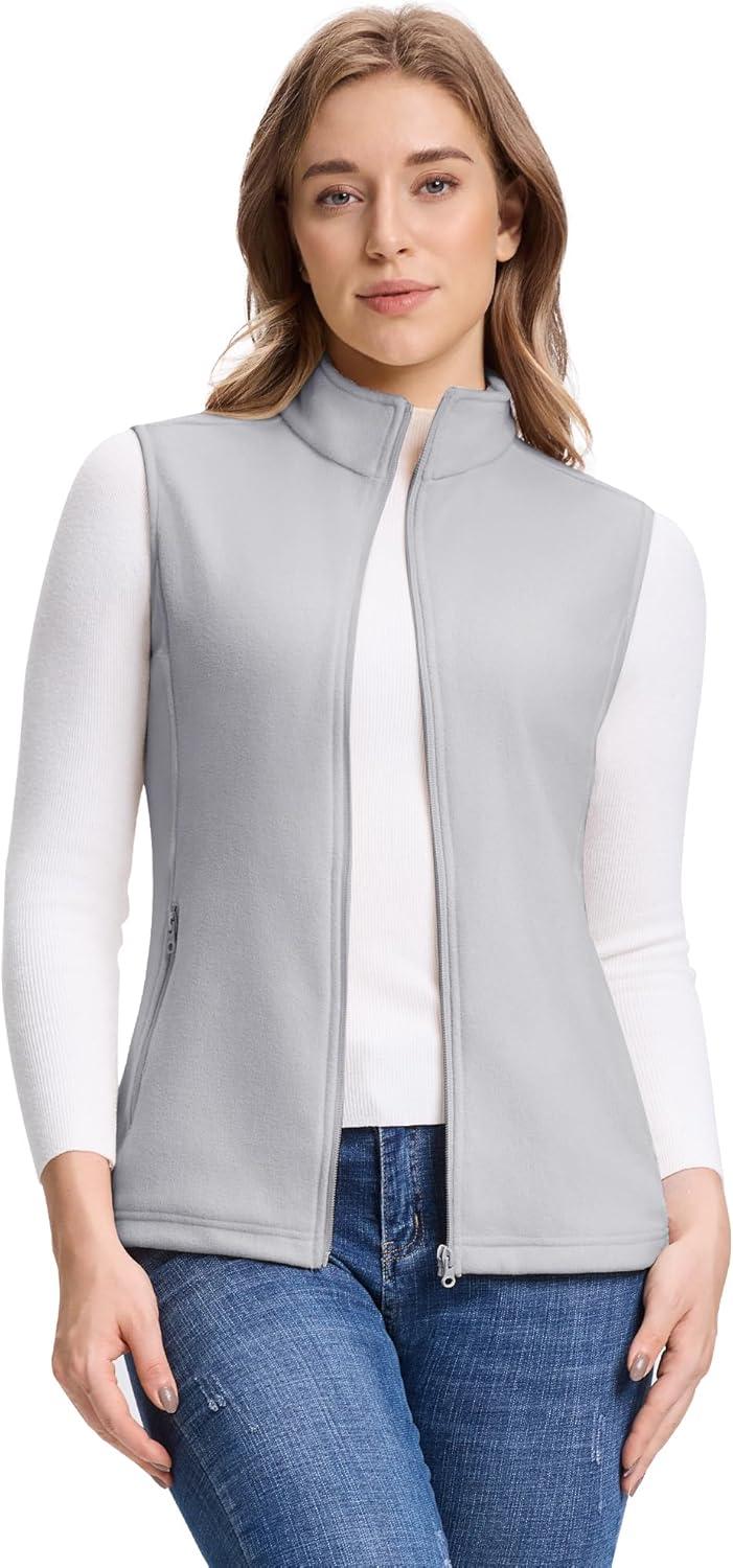 Outdoor Ventures Women’s Fleece Vest, Zip Up Lightweight Soft Running Vest Outerwear Sleeveless with Pockets(Light Grey)