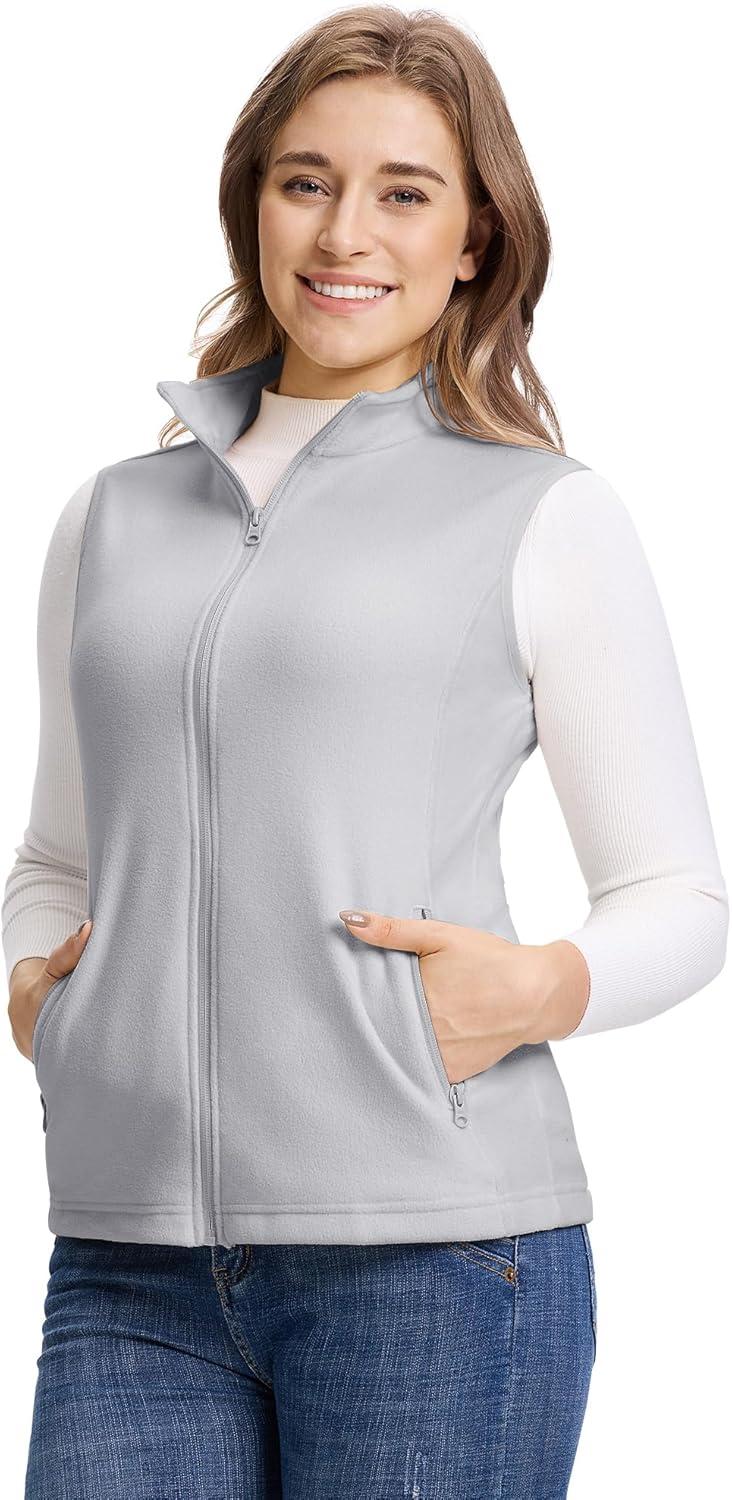 Outdoor Ventures Women’s Fleece Vest, Zip Up Lightweight Soft Running Vest Outerwear Sleeveless with Pockets(Light Grey)