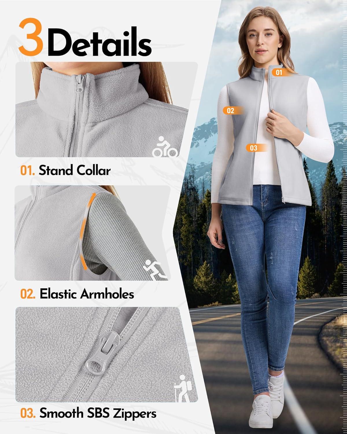 Outdoor Ventures Women’s Fleece Vest, Zip Up Lightweight Soft Running Vest Outerwear Sleeveless with Pockets(Light Grey)