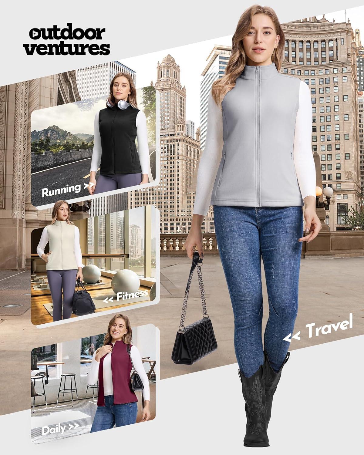 Outdoor Ventures Women’s Fleece Vest, Zip Up Lightweight Soft Running Vest Outerwear Sleeveless with Pockets(Light Grey)