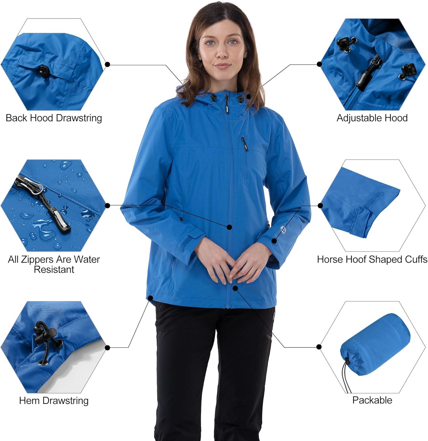 Outdoor Ventures Packable Rain Jacket Women Lightweight Waterproof Raincoat with Hood Cycling Bike Jacket(Dodger Blue)